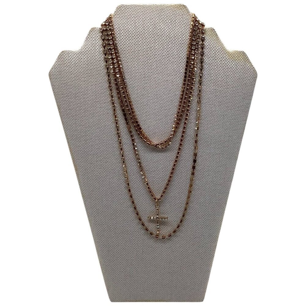 Layered Gold Tone Necklace With Rhinestone Cross Pendant‎ & Adjustable Chain